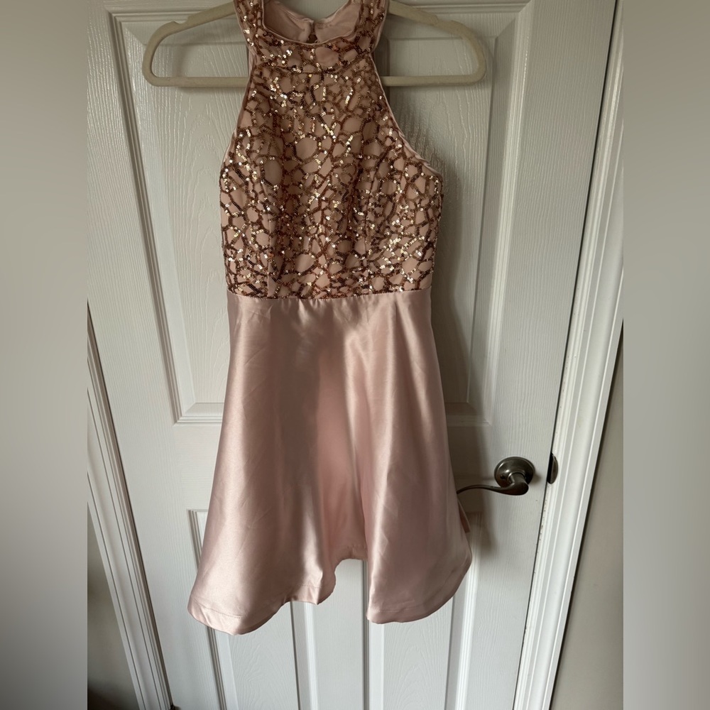 Sequin Hearts rose gold satin and sequined formal dress. Size 16